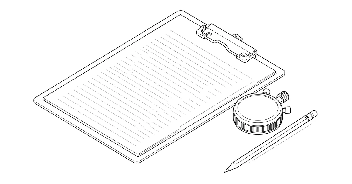 Line drawing of a clipboard with a lined log sheet, a stopwatch and a pencil