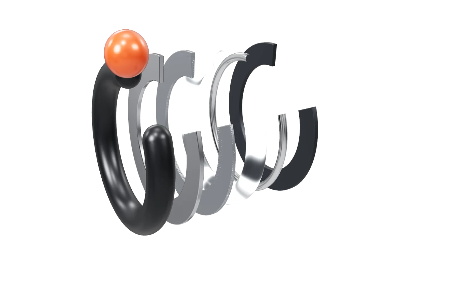The Spare Mind ring taken apart into five layers, with the orange dot lifted out of its gap